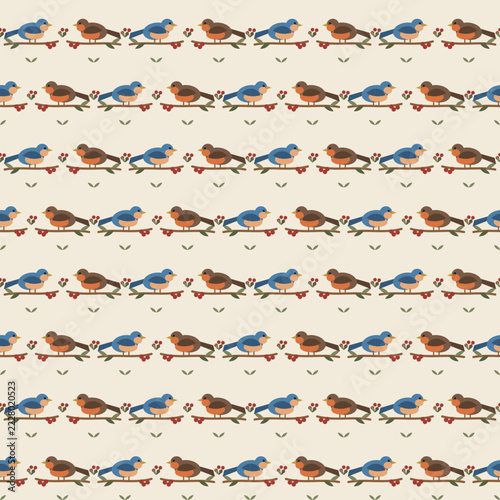 Bluebirds and robins on berry twigs seamless pattern