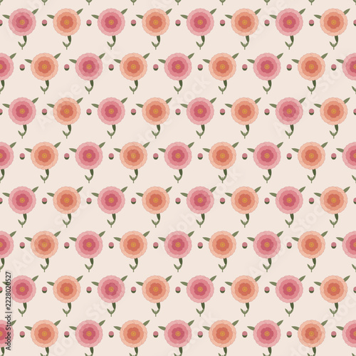 Blush peony blooms and leaves seamless floral pattern
