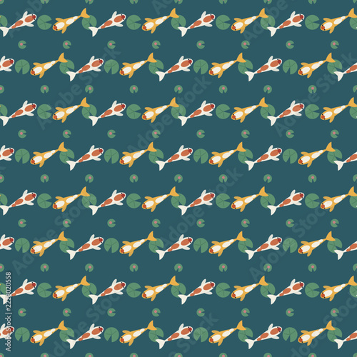 Koi carp and lily pads seamless pattern on teal