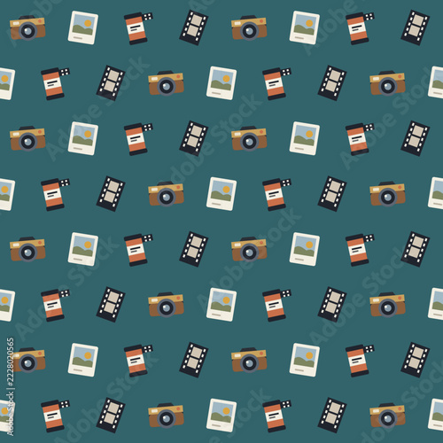Vintage film cameras and instant photos seamless pattern