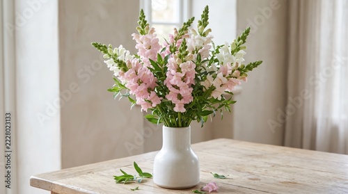 A beautiful bouquet of fresh pink and white snapdragon flowers arranged in a simple white ceramic vase on a rustic wooden table