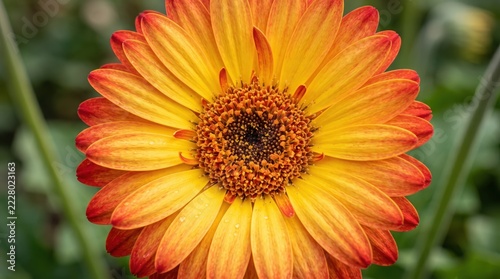 Closeup of a vibrant orange and yellow gerbera daisy flower with a dark center, showcasing detailed petals and natural beauty in a garden