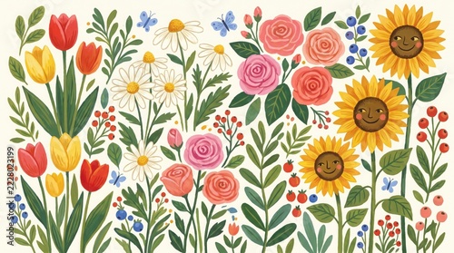 Seamless pattern with cute sunflowers, roses, tulips, daisies, and berries on a white background