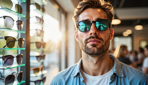 Trendy man trying on sunglasses in retail store, focused expression
