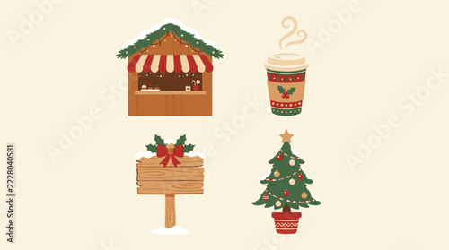 Christmas Market Festive Elements with Tree Stall Drink and Sign