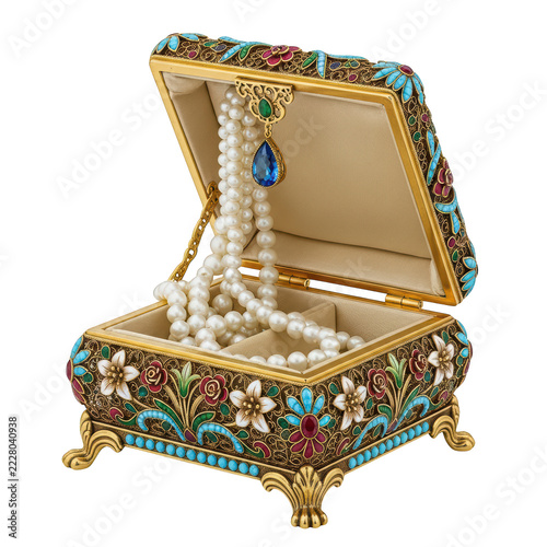 Decorative vintage jewelry box with pearl necklace and blue gem inside