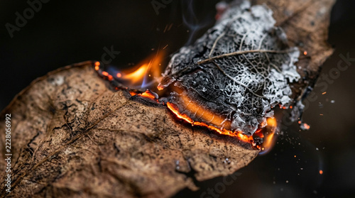 Burning leaf crackling with orange flames on charred wood surface