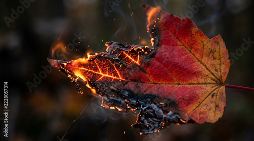 Burning red maple leaf with fire and smoke on dark blurred forest background
