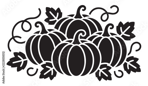 Group of pumpkins illustration with sprawling vines and maple leaves in black silhouette for halloween decor.