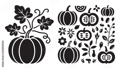 Black pumpkin silhouette collection with various leaves and seeds for autumn harvest celebration design projects.