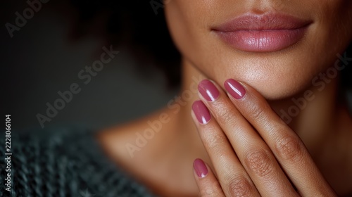 Close-up of Woman with Elegant Pink Manicured Nails and Natural Lips in Soft Warm Lighting