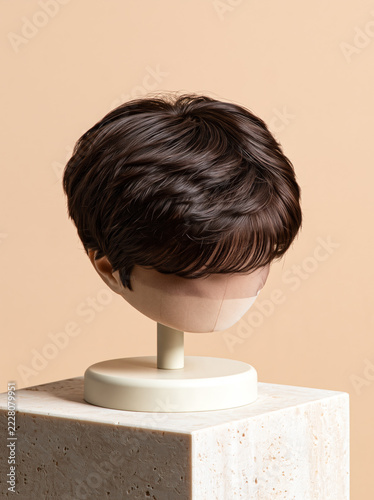 Mens short brown hair wig displayed on mannequin head stand on stone block.