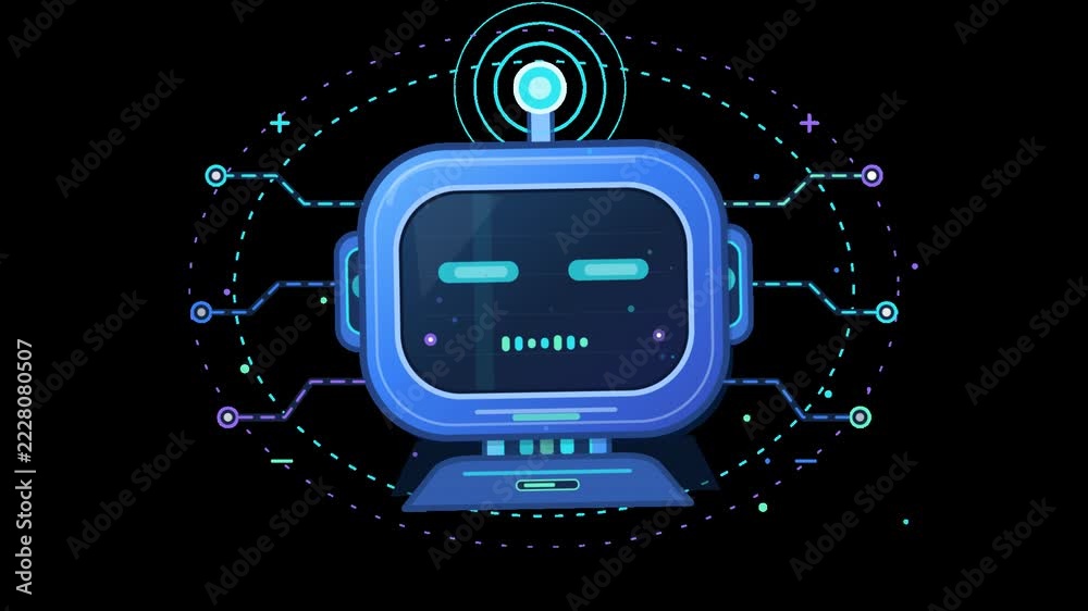 Animated AI Robot Head with Blinking Digital Eyes and Glowing Circuits ...