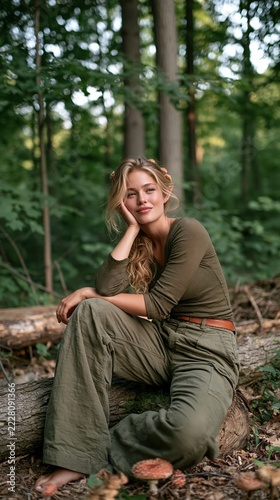 Hyperrealistic photo of a youth with elven ears and mushroom hair accessories sitting on a mossy log in a green forest.