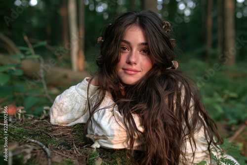 Hyperrealistic photo of a youth with elven ears and mushroom hair accessories sitting on a mossy log in a green forest.