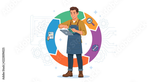 Man in Apron Managing Workflow Cycle with Tools, Data, and Quality Control Icons
