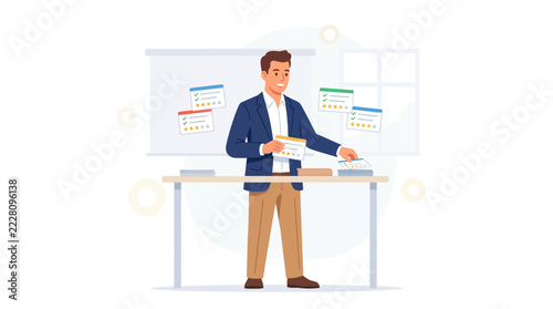 Man in a suit presenting a report with star ratings and checkmarks on a whiteboard, symbolizing feedback and evaluation.