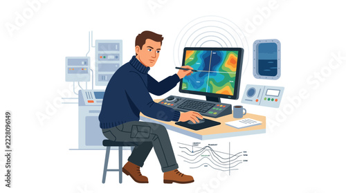 Man in Control Room Analyzing Data on Monitor - Vector Illustration