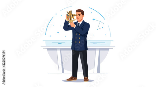 Man in Nautical Uniform Using a Sextant to Navigate by Stars, Vector Illustration