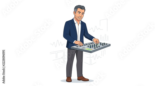Man in Suit Adjusting Sound Mixing Board in Studio, Audio Production, Music Engineering