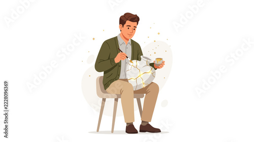 Man practicing Kintsugi, repairing a broken ceramic vase with gold lacquer, embracing imperfection and beauty in repair