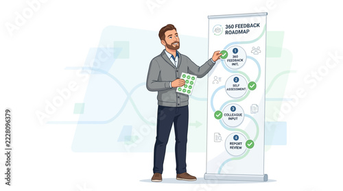 Man presenting 360 Feedback Roadmap, illustration of business process, career development, and employee evaluation