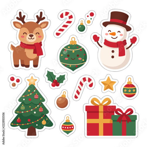 Christmas sticker set with reindeer snowman tree gifts candy cane and