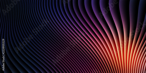 Futuristic abstract wavy lines with glowing orange and purple gradients on dark background, modern rhythmic curved stripes creating dynamic motion, elegant digital wave pattern for web banners.