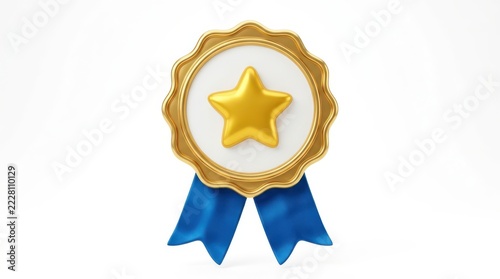 3d render of a gold award medal with a star and blue ribbons isolated on white background