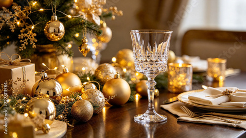 An elegant, clear cup sits atop a table decorated for Christmas, exuding a luxurious, golden aesthetic.