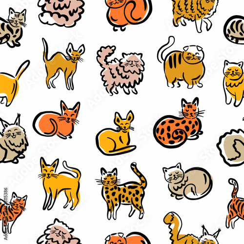 A seamless, colorful pattern featuring whimsical, hand-drawn cats of various breeds, rendered in a doodle style