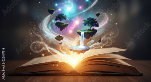 An open book bursts with a magical, celestial scene. Floating islands with trees and waterfalls emerge from the book's pages, illuminated by a swirling galaxy and sparkling stardust.