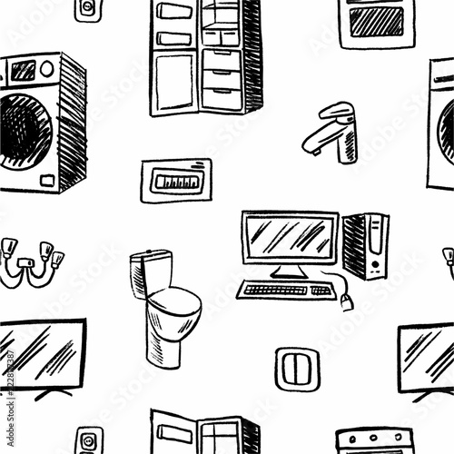 Seamless pattern with hand-drawn doodle-style illustrations depicting home appliances: a refrigerator, a computer, and a washing machine	