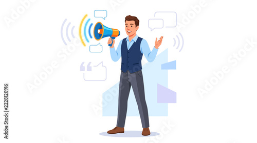 Man with megaphone announcing news and ideas, surrounded by speech bubbles and sound waves. Vector illustration.