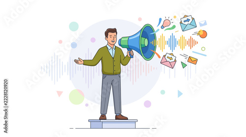 Man with Megaphone Announcing Ideas and Messages, Spreading Information through Communication