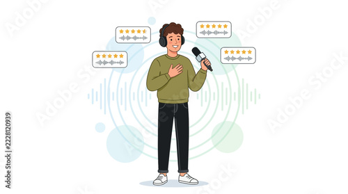 Man with Microphone and Star Ratings, Concept of Podcast, Voice Recording, and Customer Feedback