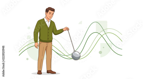 Man with Pendulum and Wavy Lines Representing Data, Science, or Physics Concepts