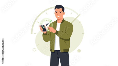 Man with Smartphone in Front of Clock Symbol, Representing Speed, Efficiency, and Time Management