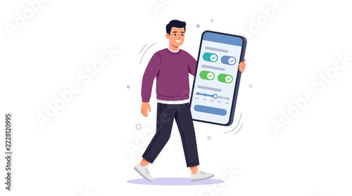 Man with Smartphone Showing Settings Interface, Toggle Switches and Sliders, Modern App Design
