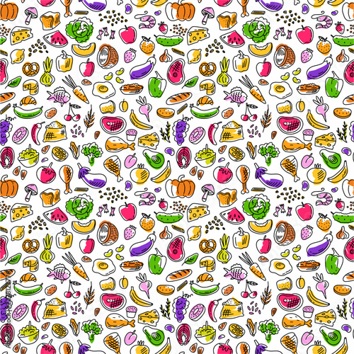 A seamless pattern featuring hand-drawn doodle-style illustrations of healthy food, produce, vegetables, and fruits
