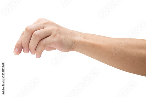 Male hand hold virtual business card, credit card or blank paper isolated on white background with a clipping path.