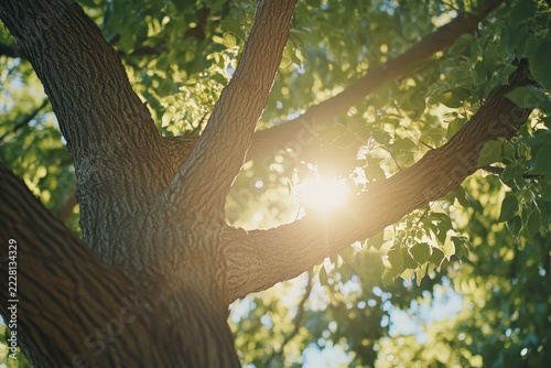 Sunlight filtering through vibrant summer foliage.