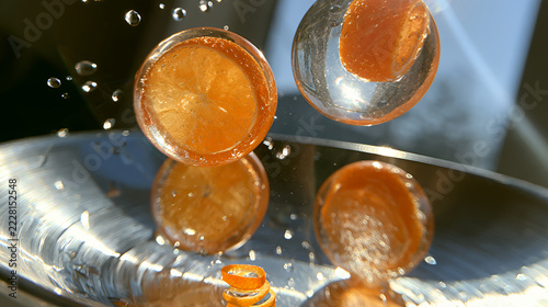 Dynamic abstract composition of translucent water spheres containing fresh orange slices splashing above a reflective metallic surface