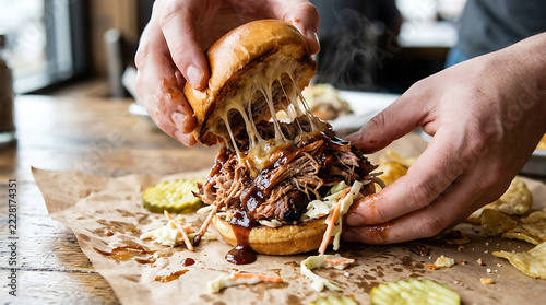 Hands tearing apart juicy pulled pork slider with melted cheese on
