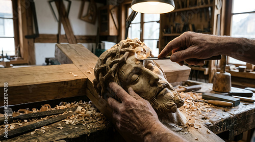Skilled artisan meticulously carving wooden crucifix in rustic
