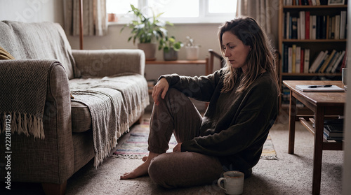 Sad Woman Sitting Alone at Home with Emotional Stress