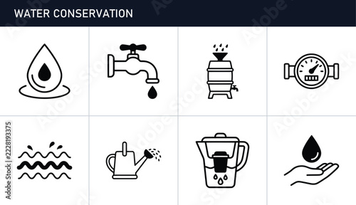 Water conservation icons set with drop, tap, barrel, meter, waves, watering can, filter and hand