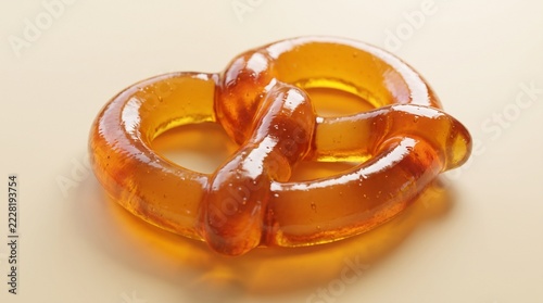 Glossy Gummy Pretzel 3D Rendering With Golden Amber Jelly Texture