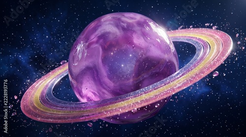 Purple Gummy Planet with Colorful Glittering Rings in Deep Space