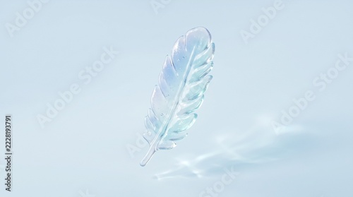 Transparent pastel gummy feather shape floating on soft light blue background